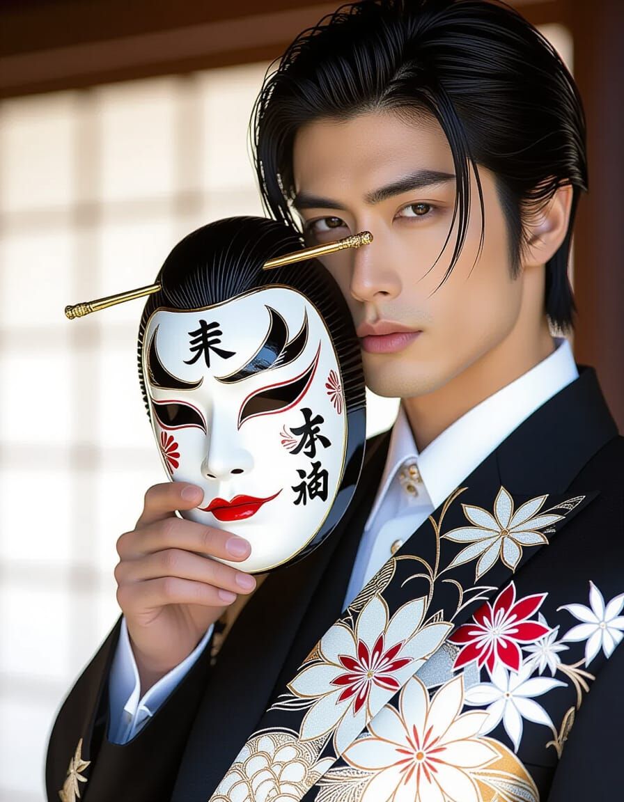 Dramatic Portrait of a Man in a Suit with Kabuki Mask