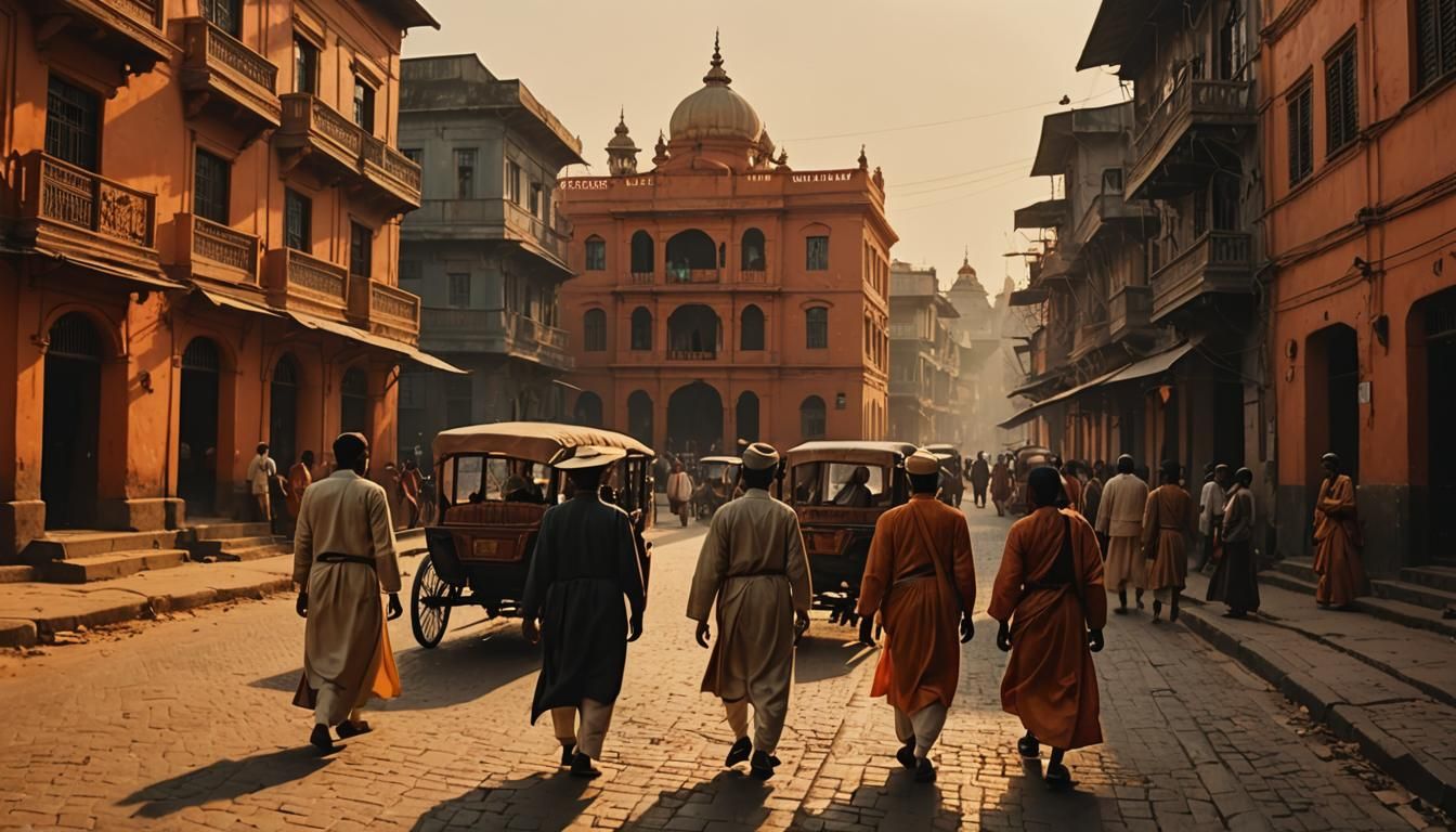 Chennai Street Scene in 1940s, Warm Cinematic Light