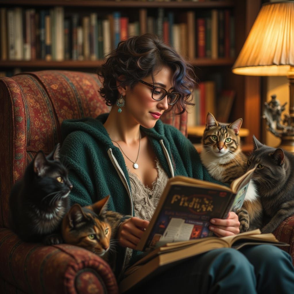 Cozy Booklover Woman Reading Comics in Study, Cats Play