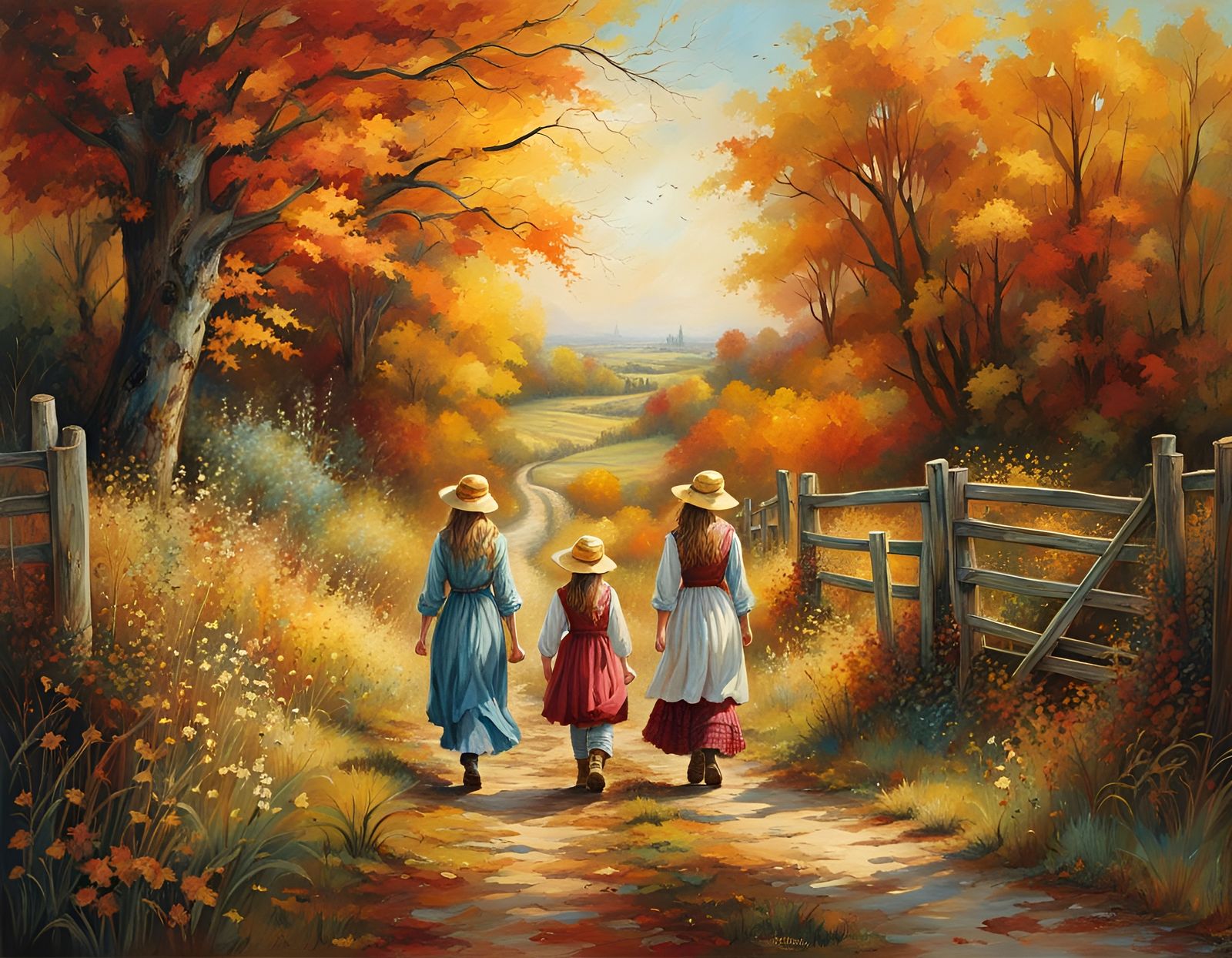 Pretty Girls Walking on Sunny Autumn Day