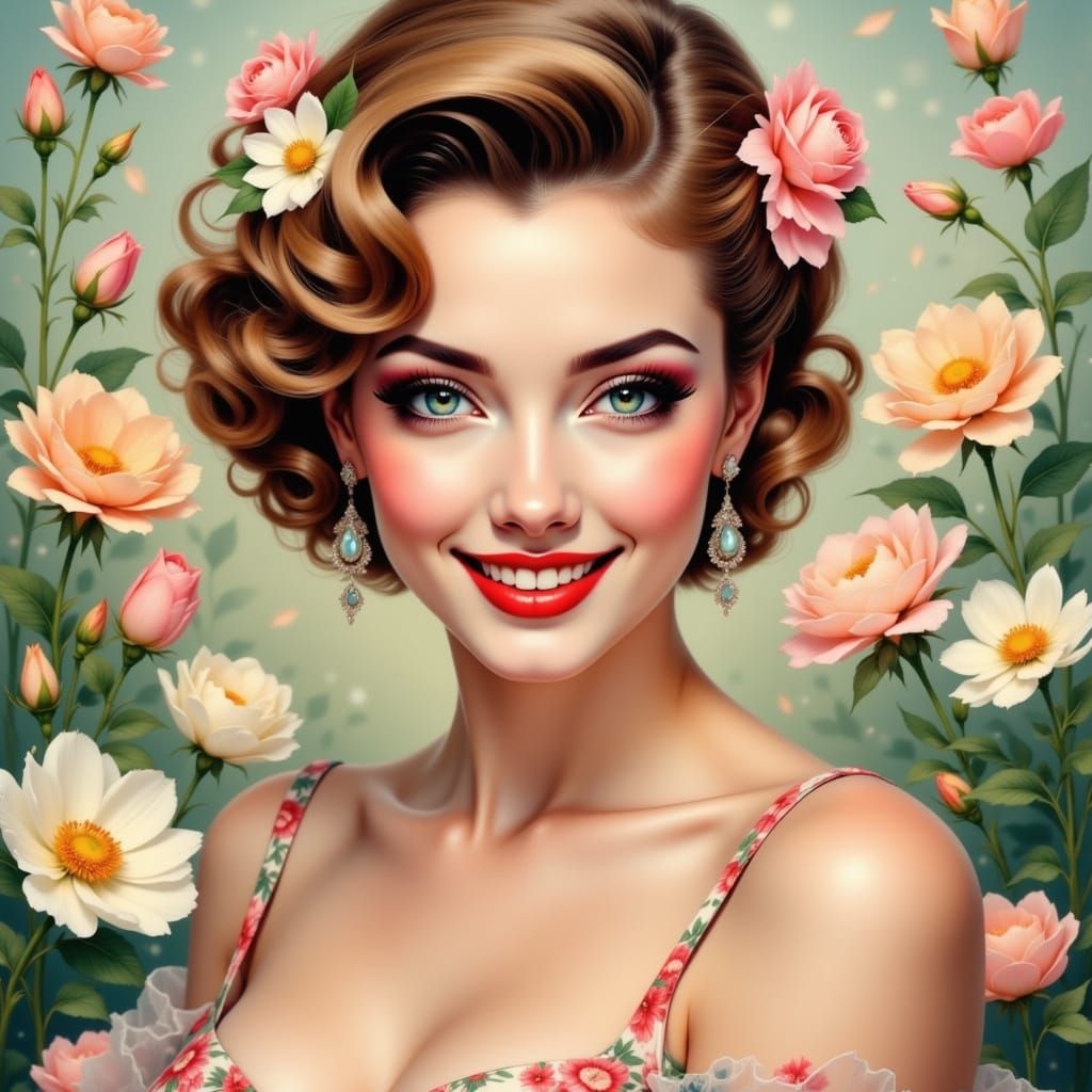 Vibrant Springtime Pinup in Whimsical Digital Art