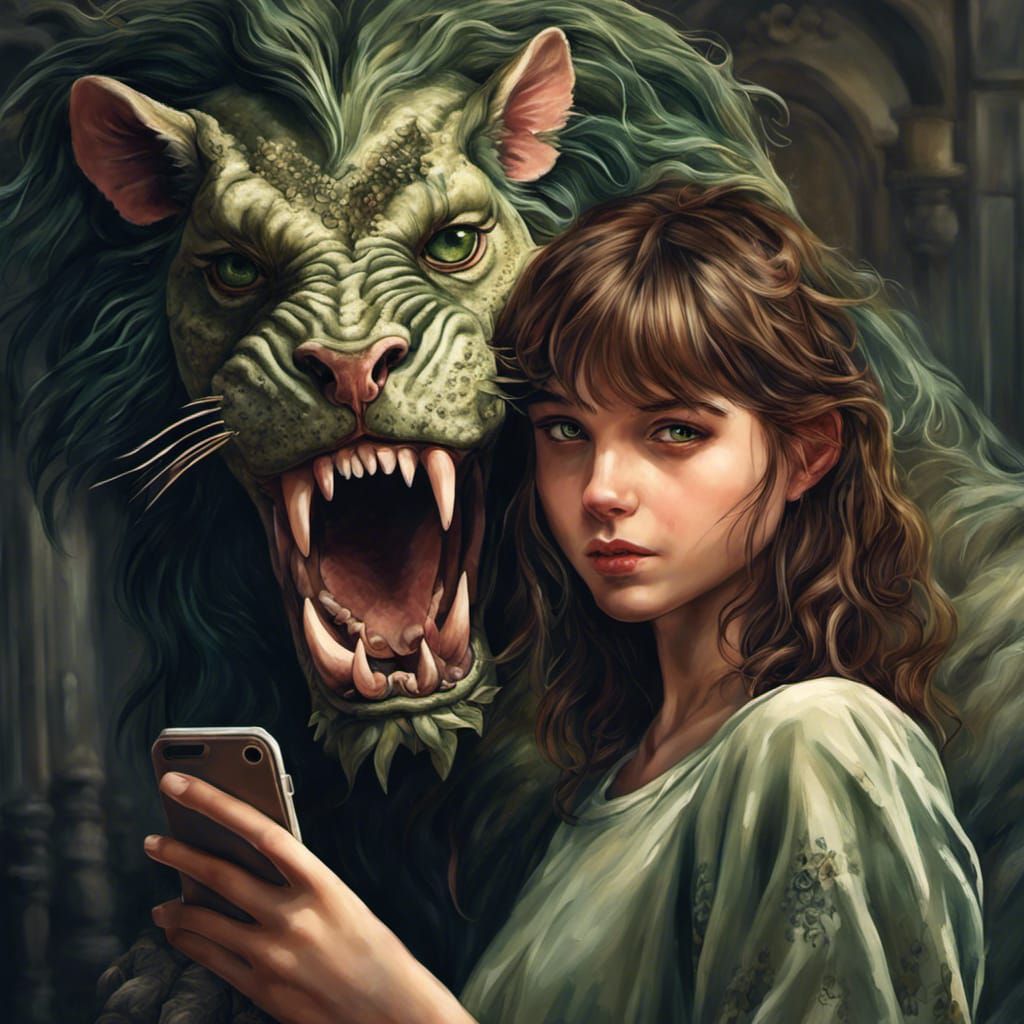 Girl's Selfie with Chimera: Hyperrealistic Detailed Portrait