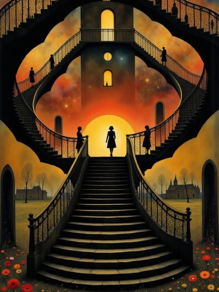 Surreal Sunset with Winding Staircases in Futuristic Style