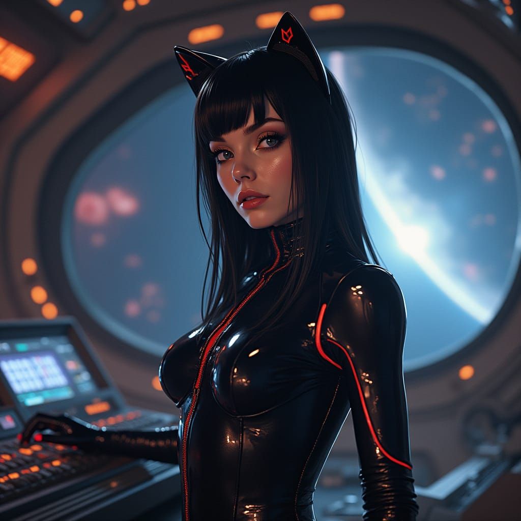 Raven-Haired Space Commander on Starship Bridge