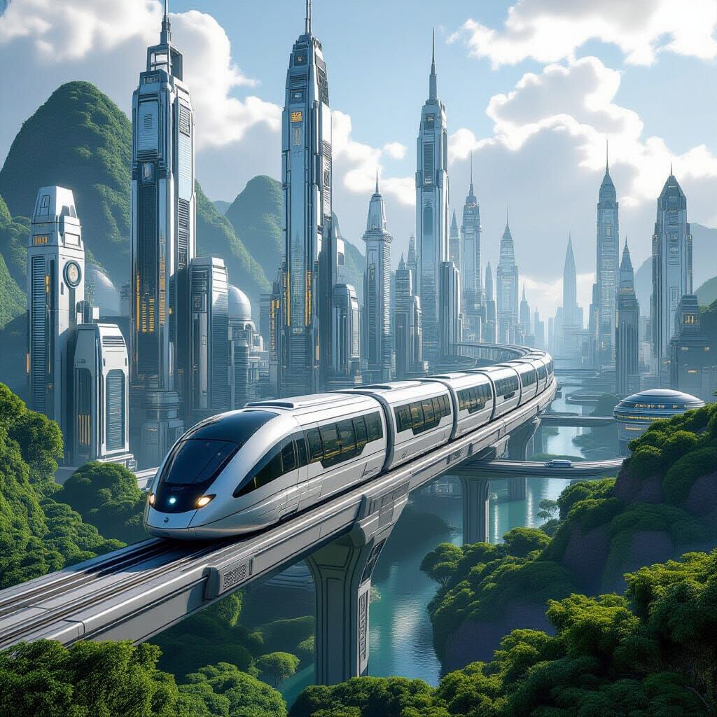 Art Deco Metropolis with Maglev Monorail, Epic Sci-Fi Scene