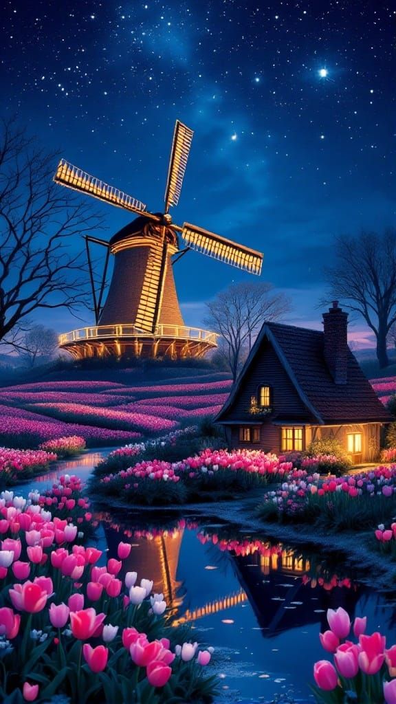 Dreamy Holland Nightscape with Tulips and Windmill