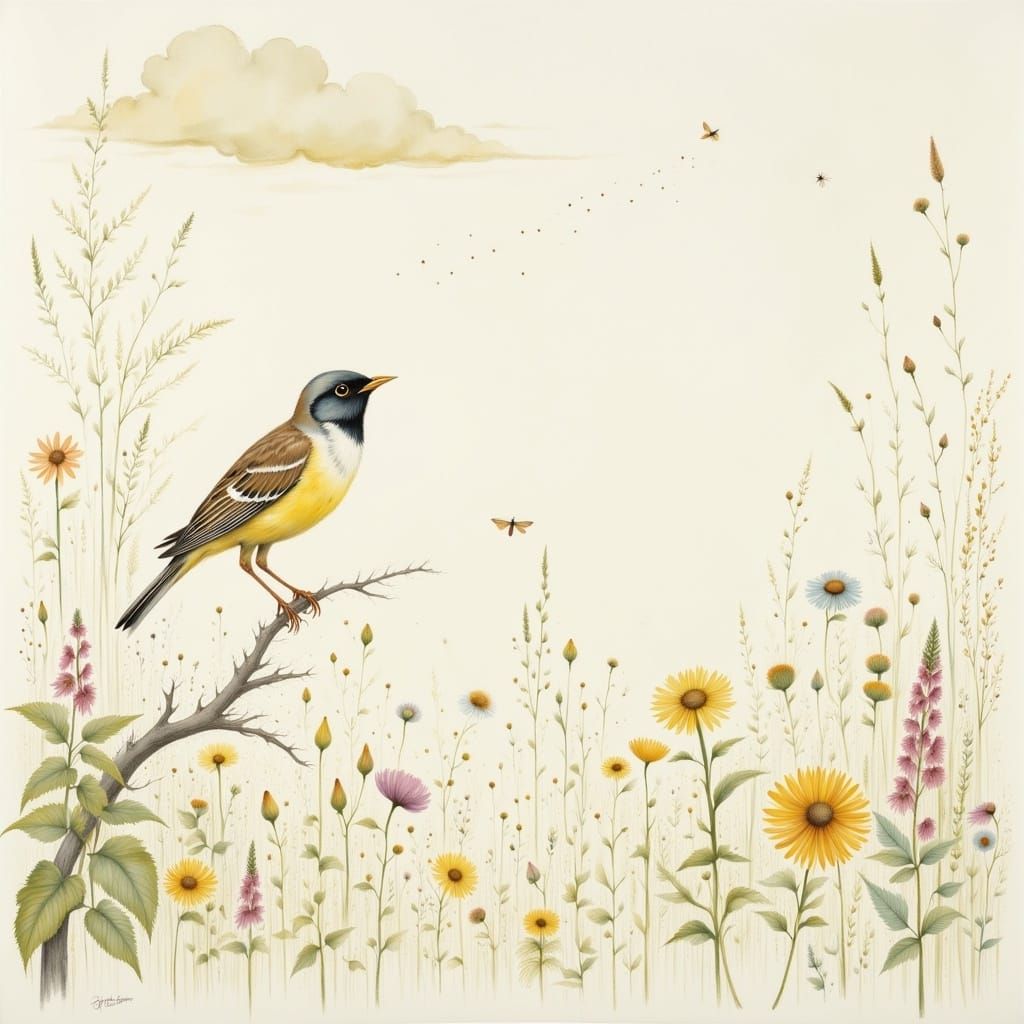 Whimsical Skylark in Dreamy Landscape, Minimalist Style