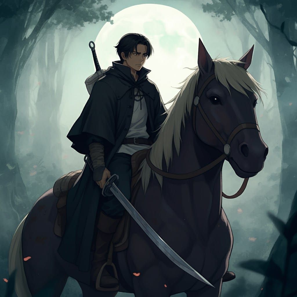 Moonlit Rider in Misty Forest: Ghibli-esque Watercolor