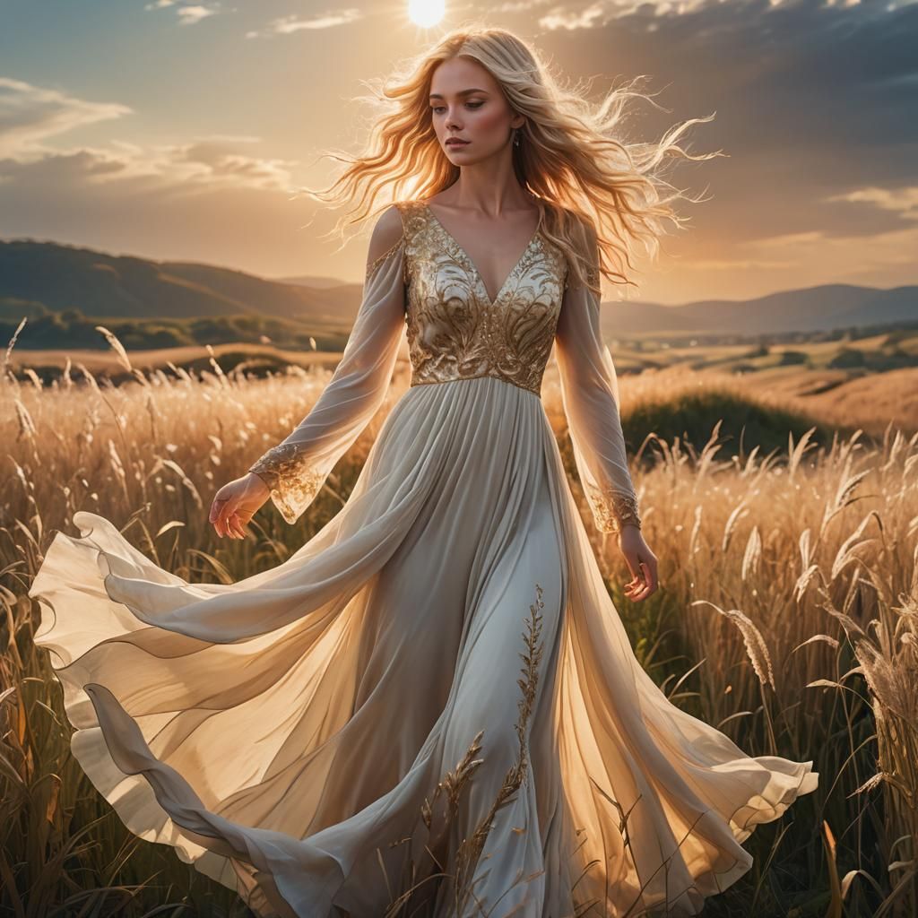 Golden Hour: Girl in Field, Surreal Matte Painting