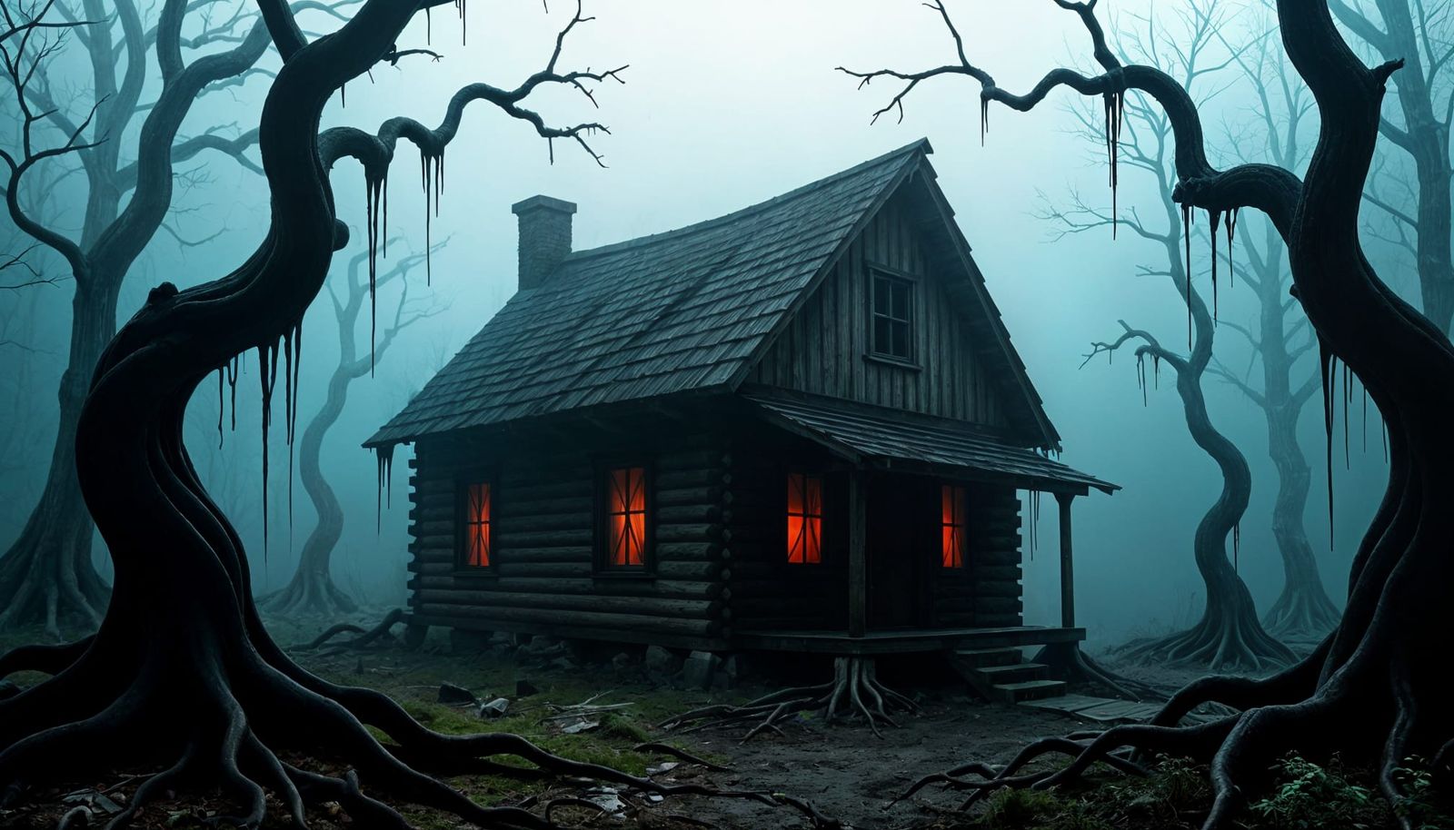 Sinister Cabin in Foggy Forest with Alien Tendrils