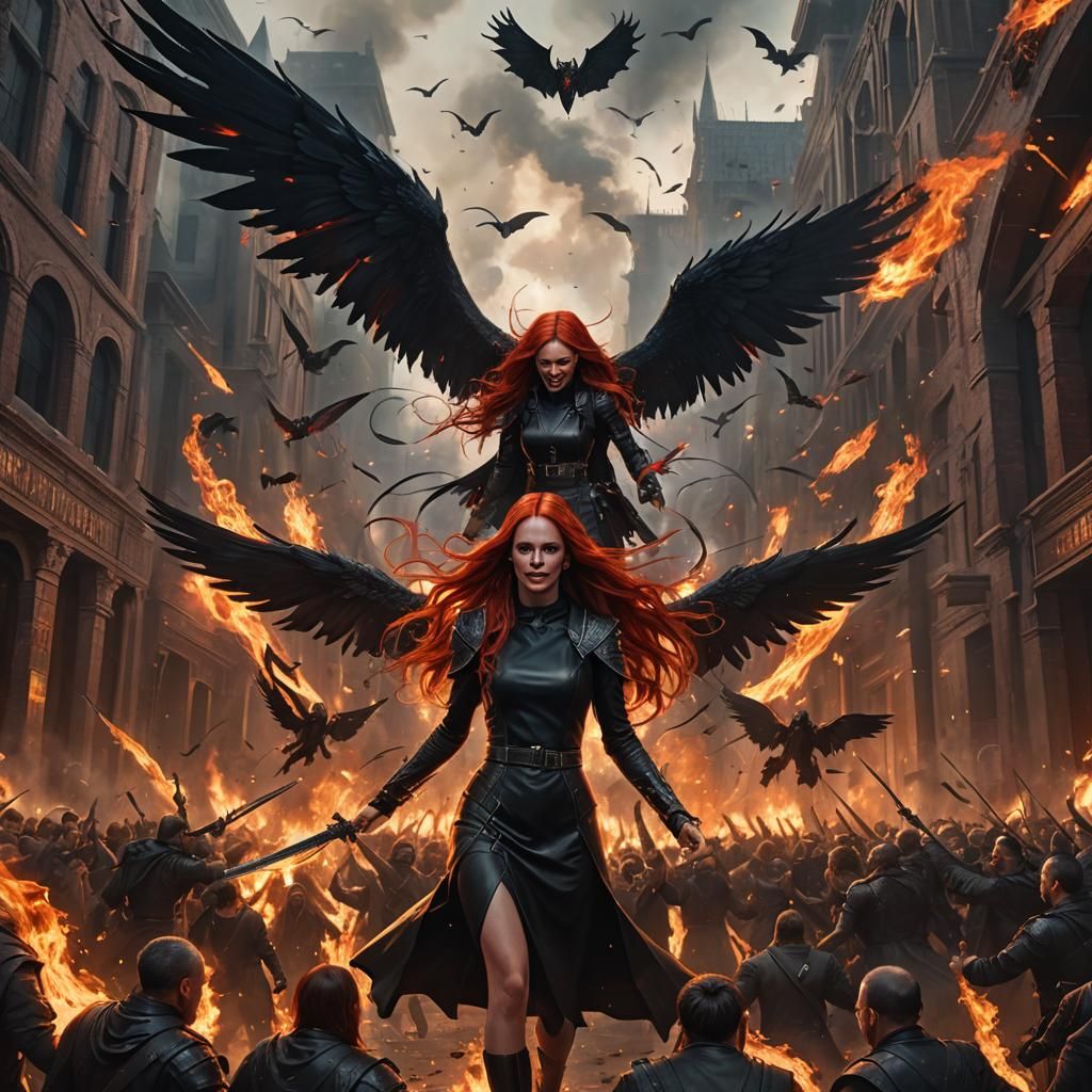 A beautiful girl as  with red long hair black leather straig...