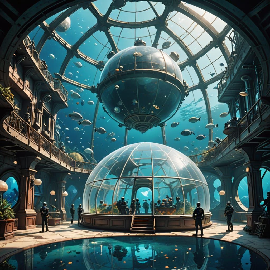 Retro futurist Disney undersea city inside a spherical dome,...