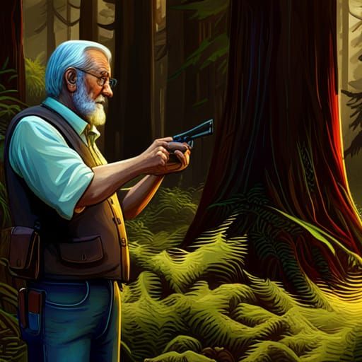 Old Man with Glock in Redwood Forest