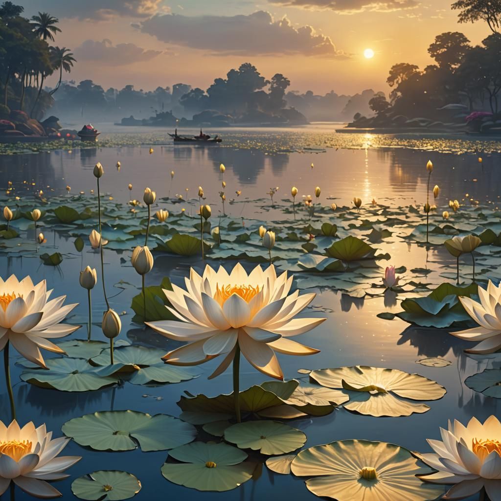Golden Lotus Sunrise on the Nile: Fantasy Concept Art