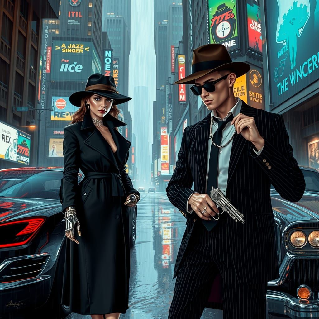 Cyber-Noir Femme Fatale in Dystopian Metropolis