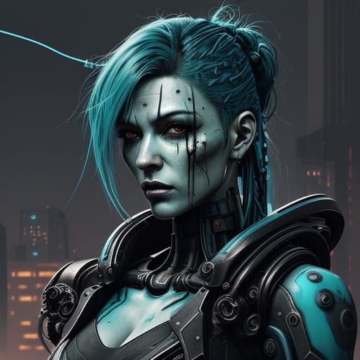 Cyberpunk Cyborg with Teal Hair in Gritty Dystopia