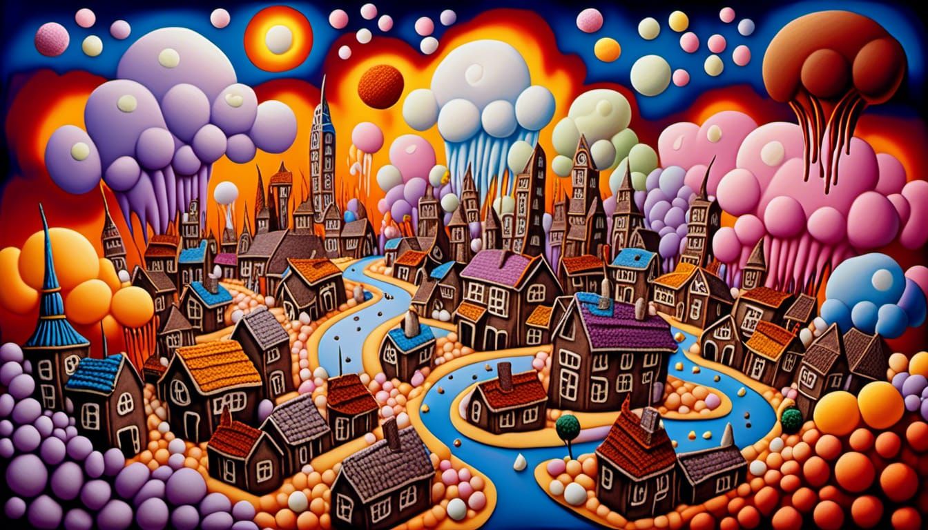 Marshmallow City Ablaze: A Surreal Fantasy Landscape