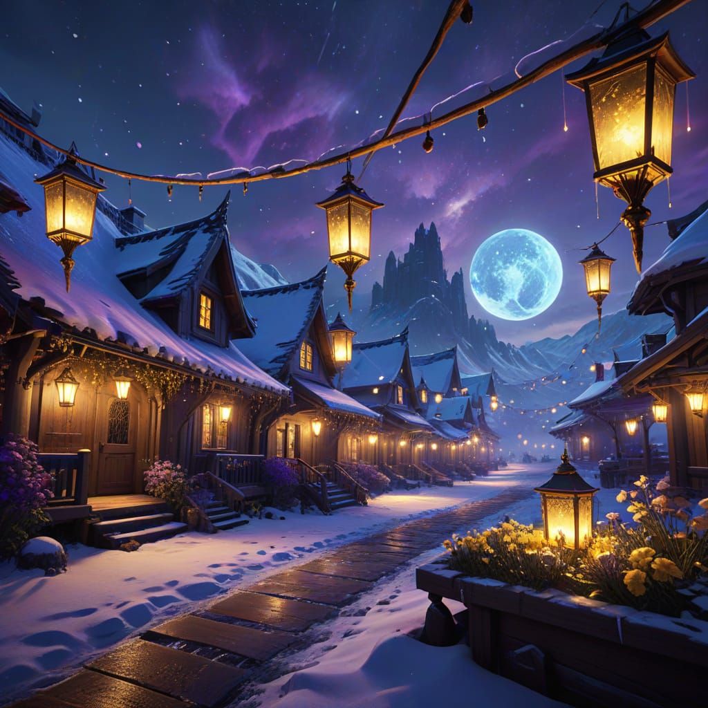 Serene Winter Village Under Frost Moon