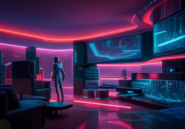 Cyberpunk Living Room with City Skyline View