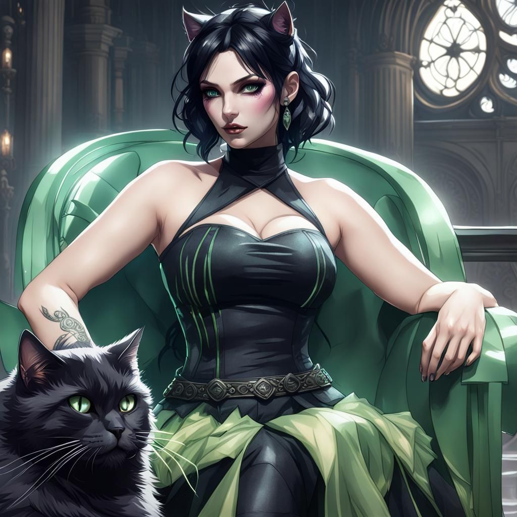 Goth Girl Portrait with Cat, Hyperdetailed Concept Art