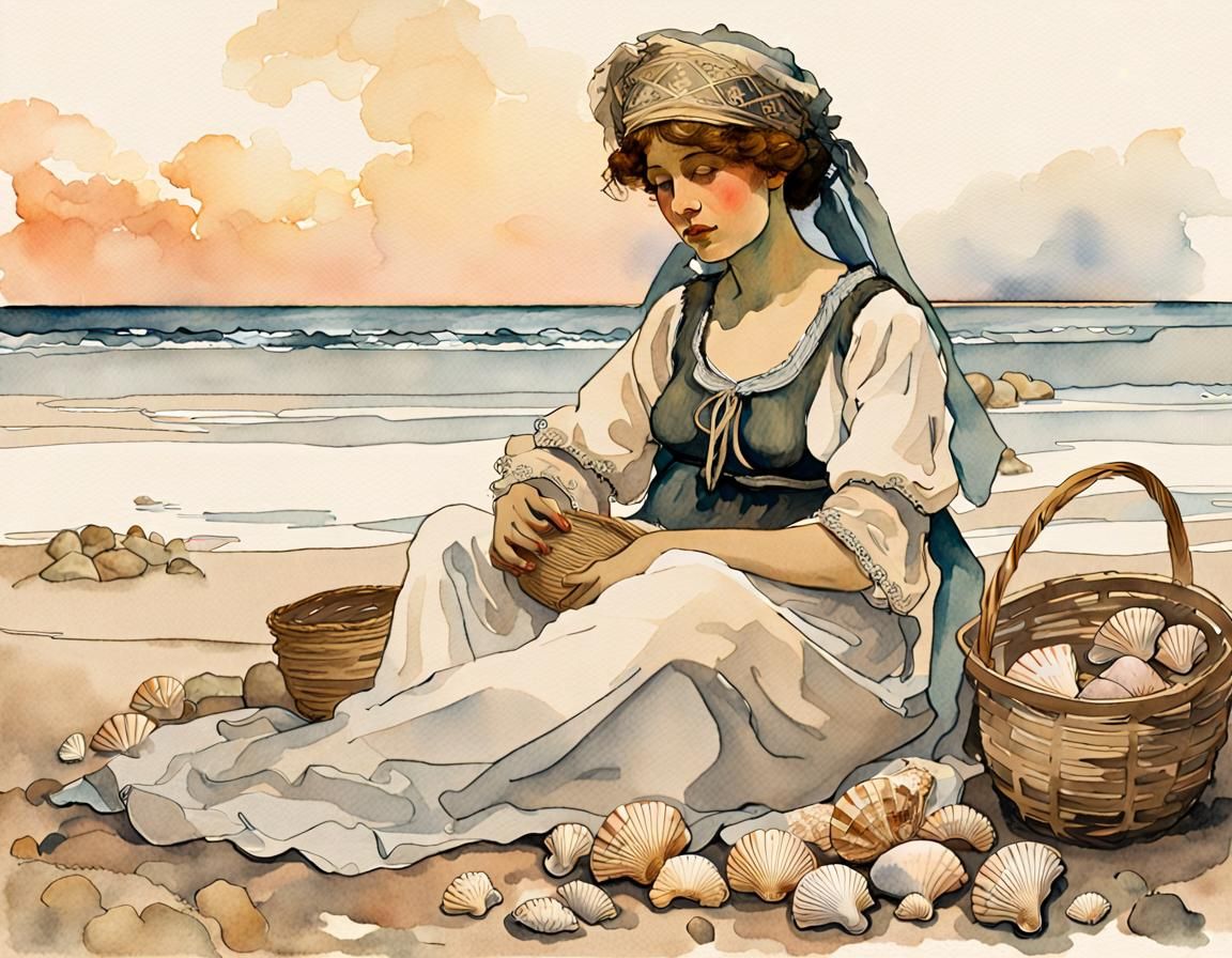 Breton Woman with Shells in Art Nouveau Style