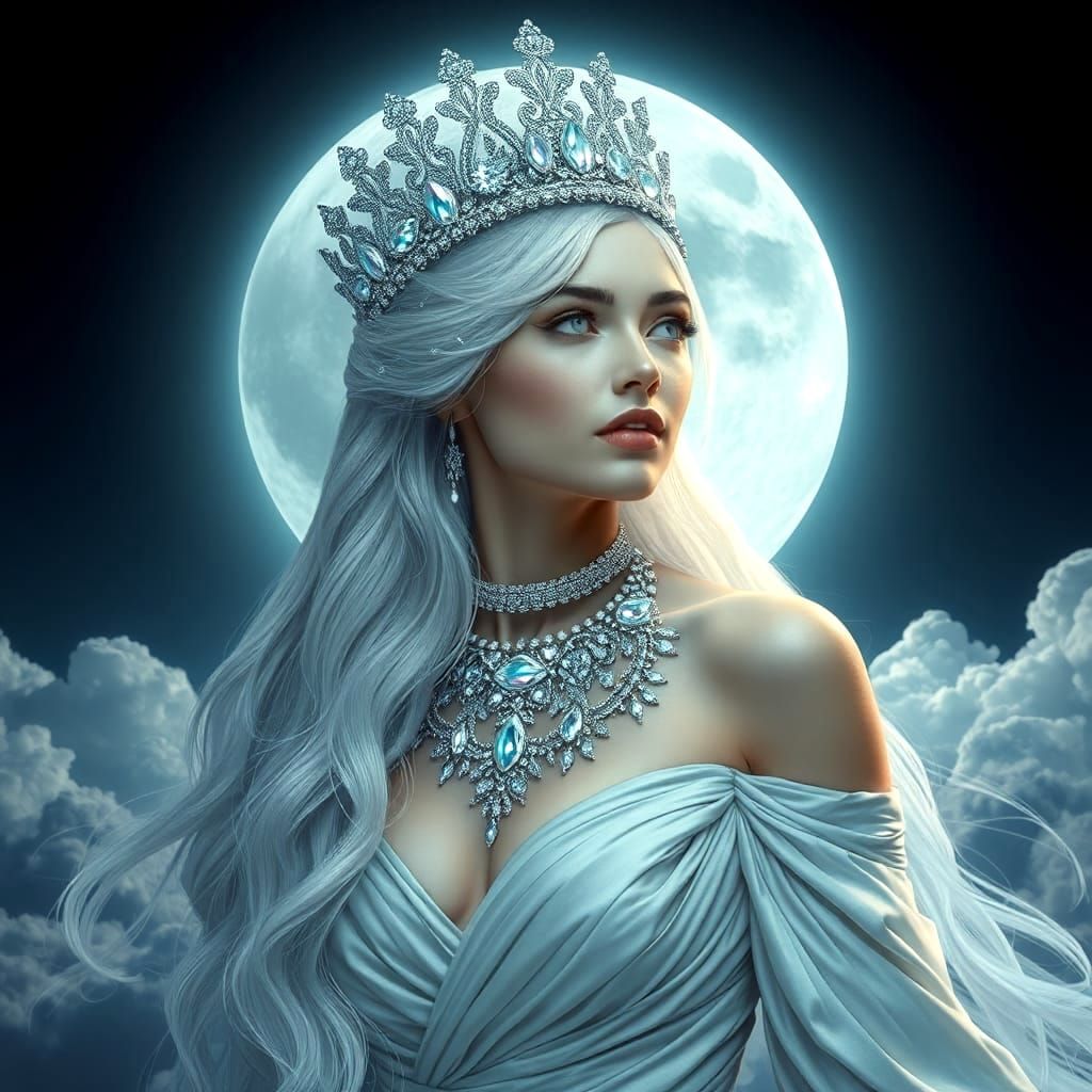 Ethereal Moon Goddess with Flowing Jeweled Hair
