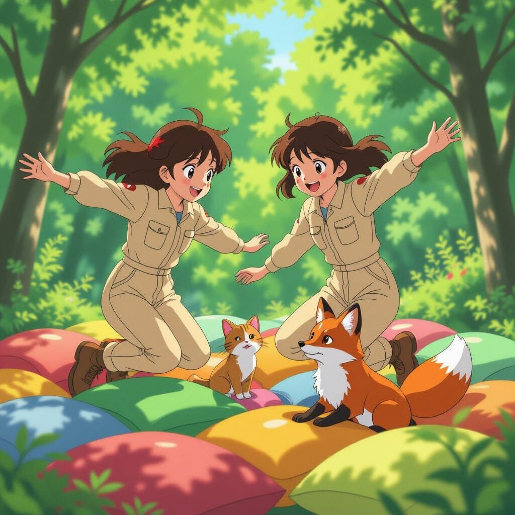 Girls and Pets Jump on Cushion World in Ghibli Anime Style