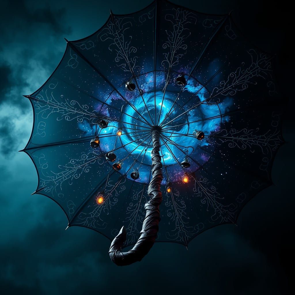 ominous umbrella with a black canopy that absorbs surrounding light,