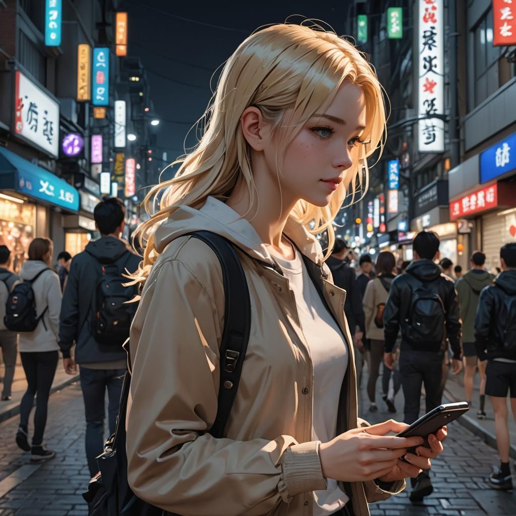 A Girl Walking Down a Crowded City Street