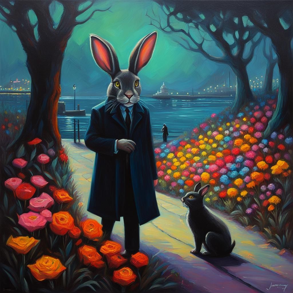 Grimdark Seaside Portrait with Rabbit and Flowers