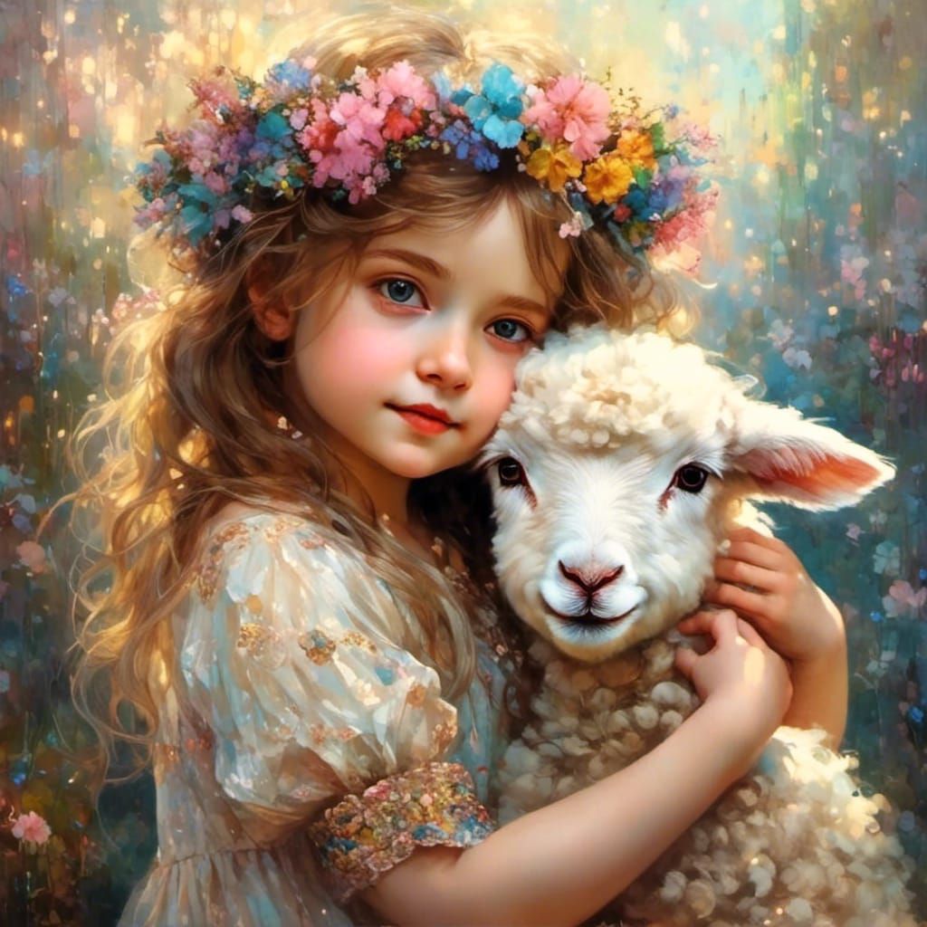 Girl with Lamb in Sentimental Portrait Style