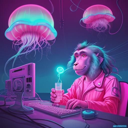Inebriated Baboon and Seasick Jellyfish in Synthwave