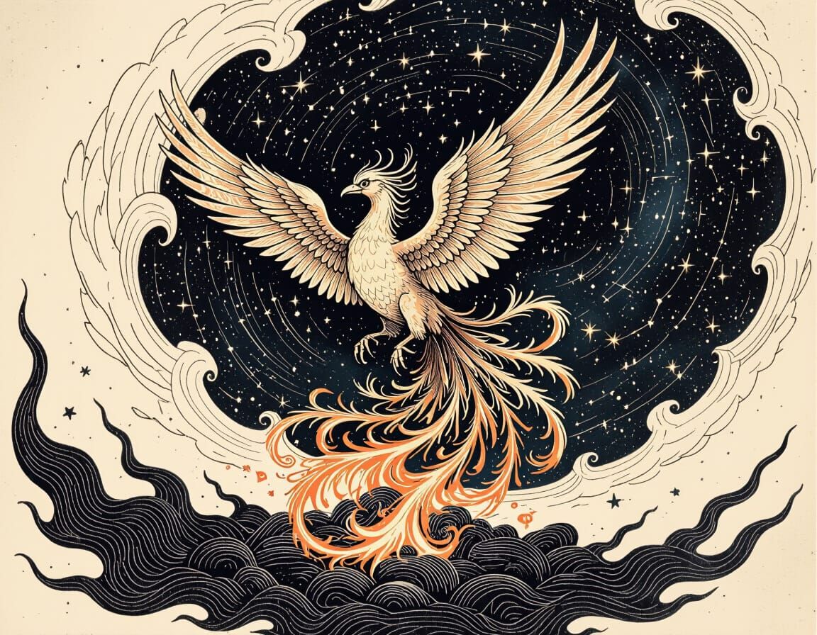 Phoenix Rises from Constellation Ashes in Ink Wash Style