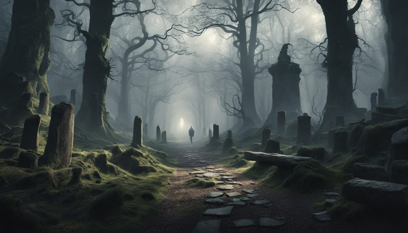 Ethereal Forest Path with Misty Stone Pillars