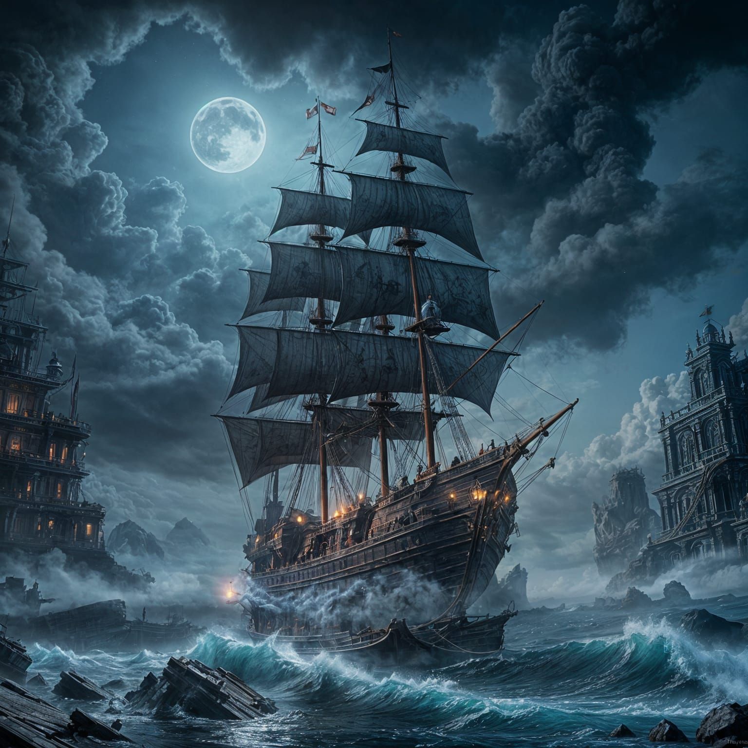 Surreal Blue Smoke Ghost Ship in Deep Fantasy Art