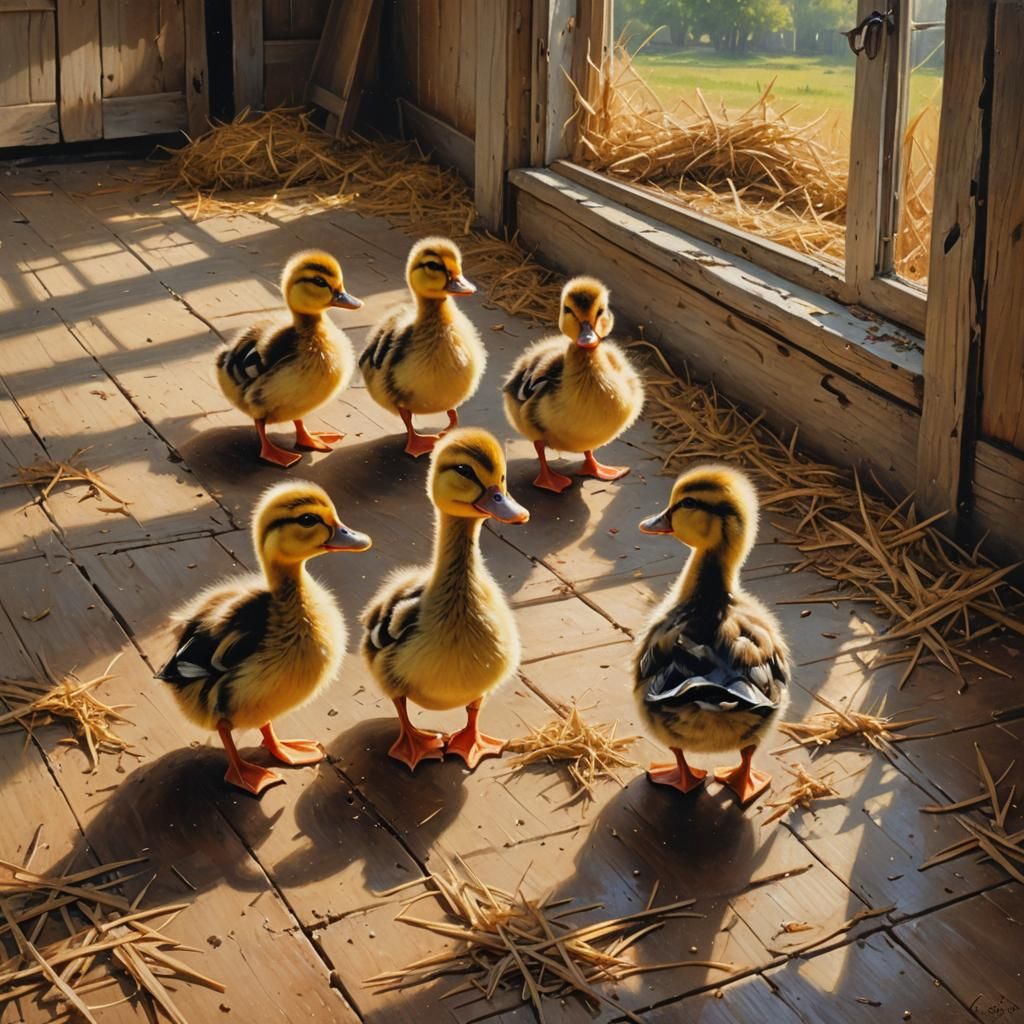 Ducklings on Farm Floor, Realistic Oil Painting