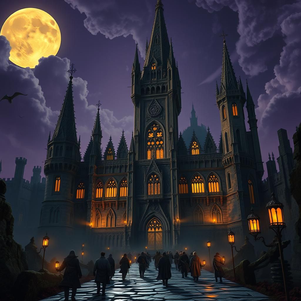 Medieval Castle Under Ominous Moonlight, Dark Fantasy Scene