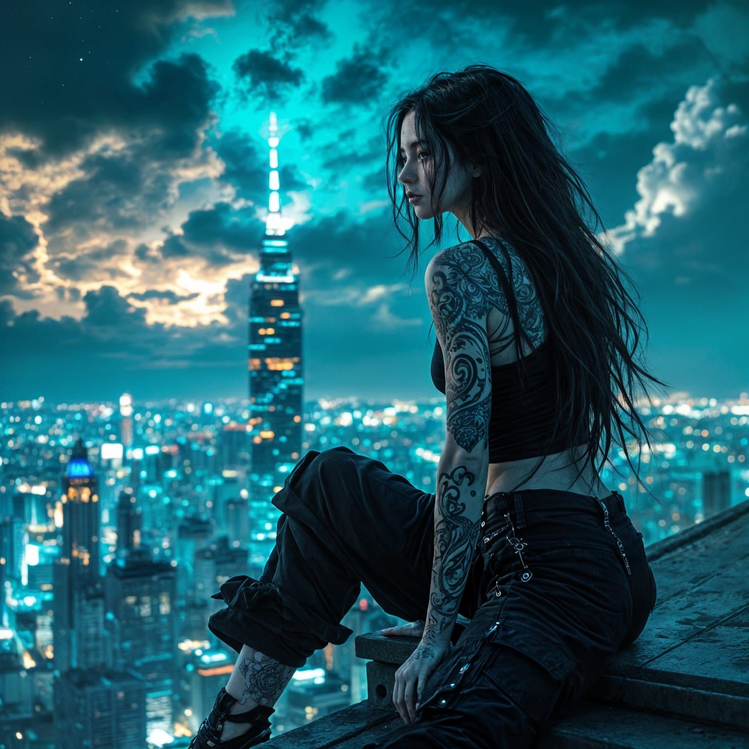 Tattooed Woman on Skyscraper at Night