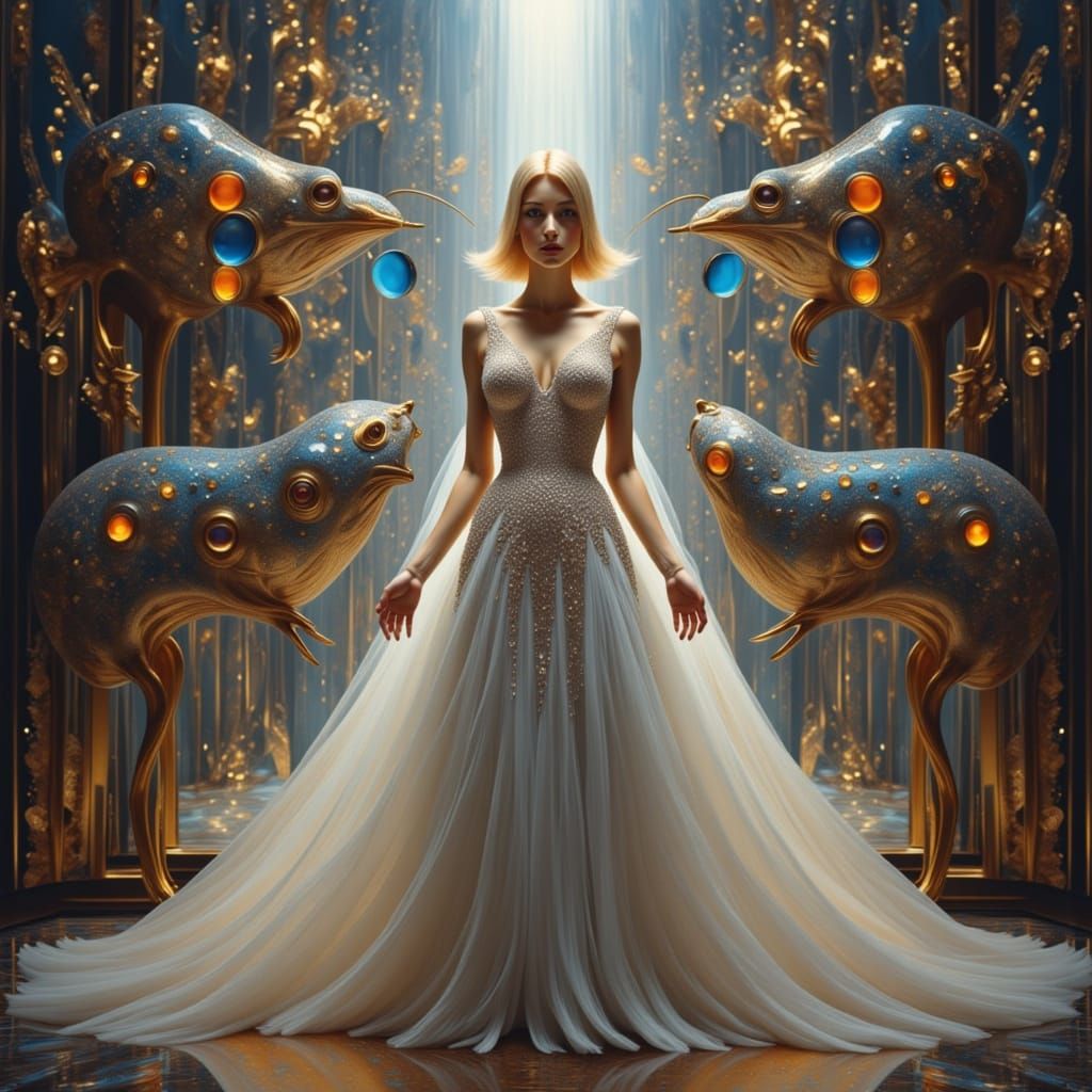 Woman With Gem Adorned Dress and Ethereal Creatures