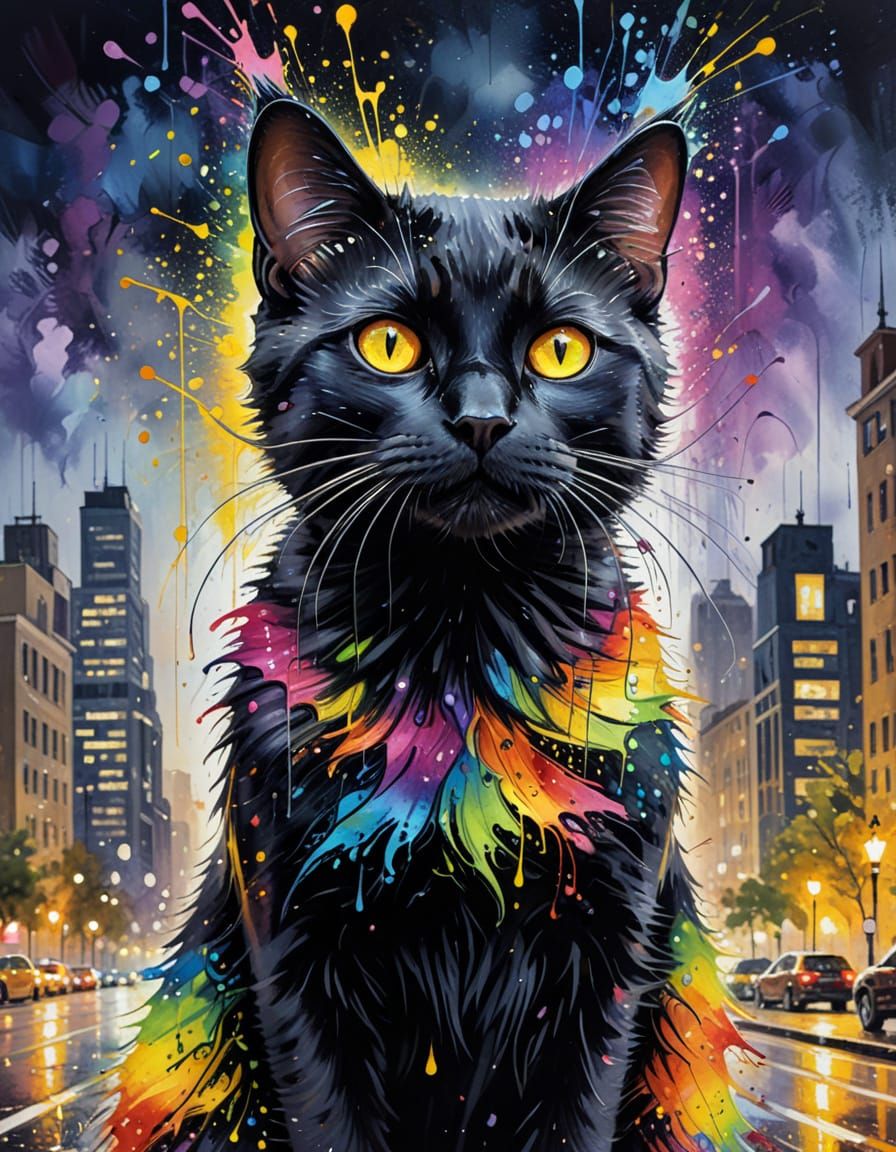 Black Cat in Rainbow Dress, Oil on Canvas