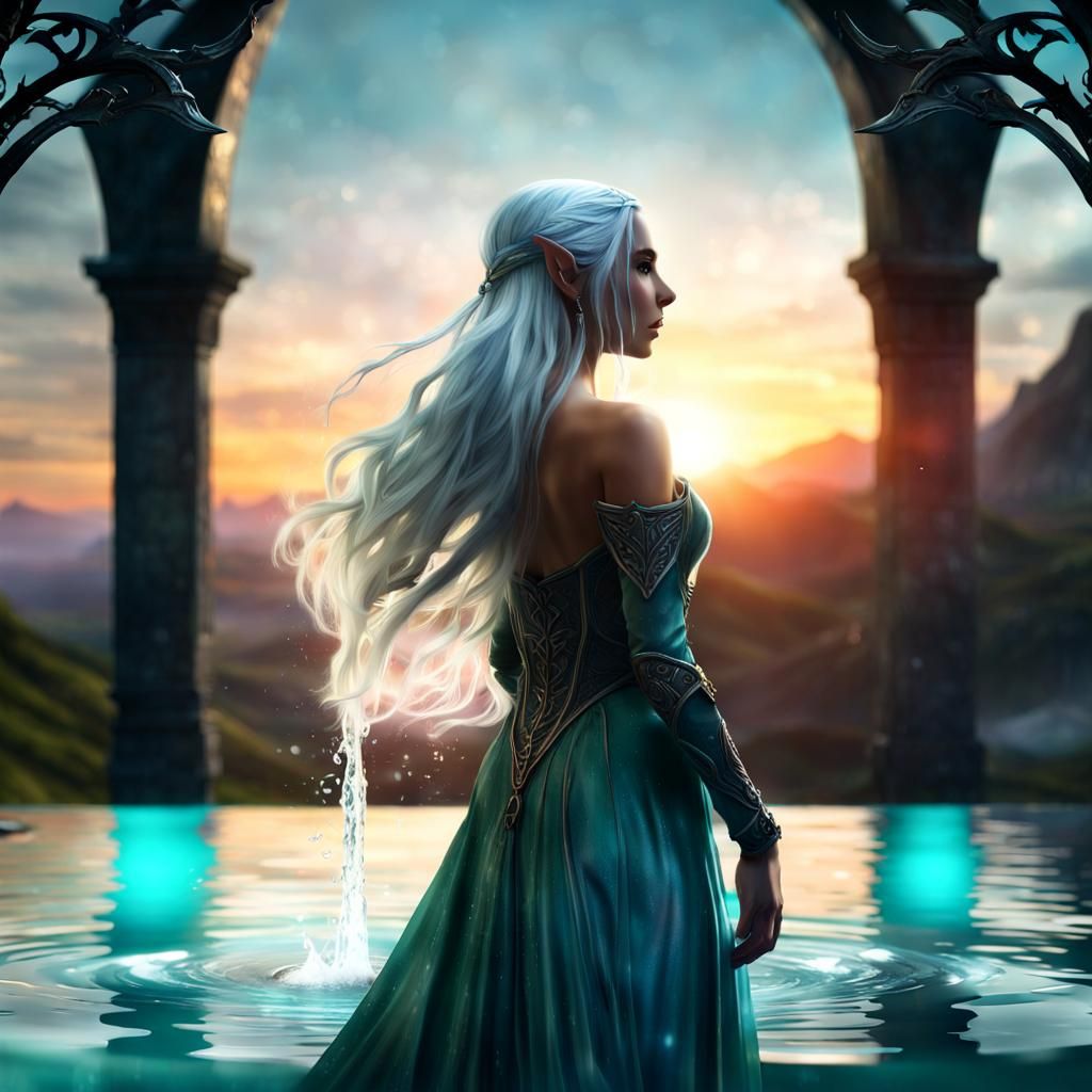 Elf Silhouette at Sunset in Solarpunk Watercolor