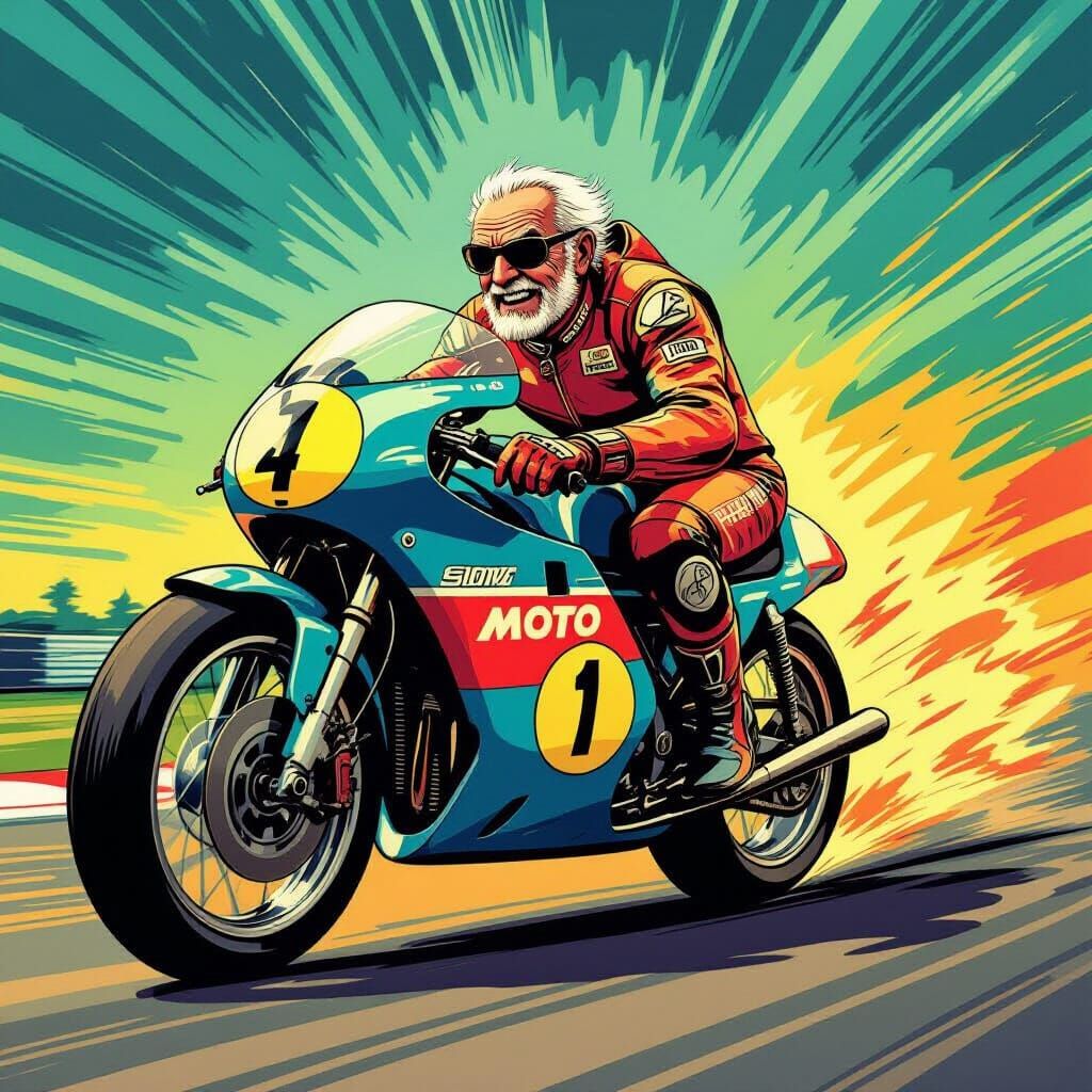 Elderly Racer Wins Moto GP on Classic Bicycle in Comic Style