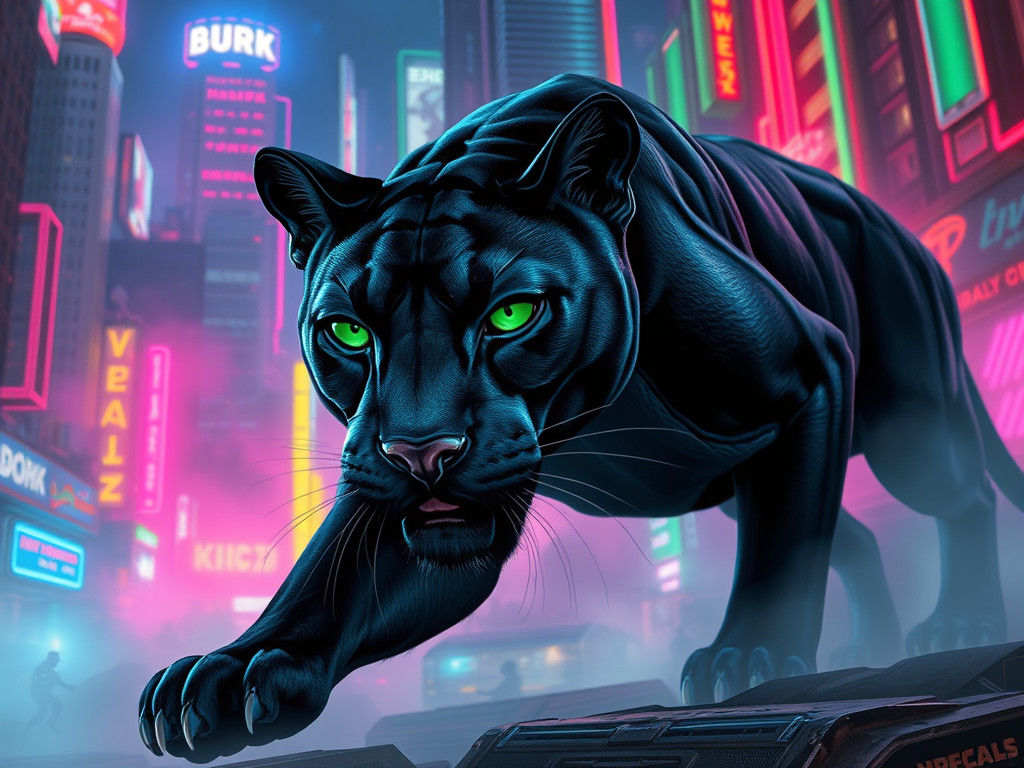 Giant Cyberpunk Panther in Neon Cityscape