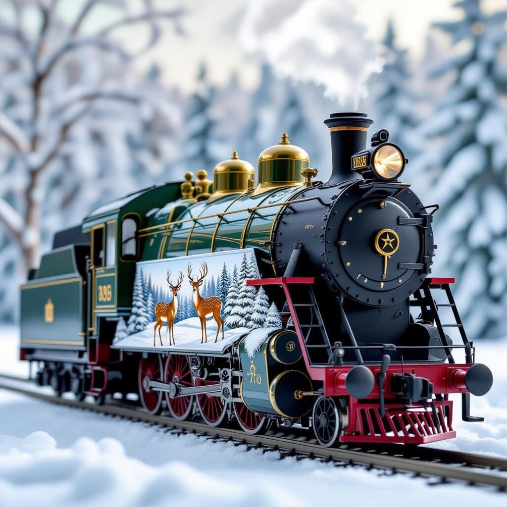Art Nouveau Steam Train in Snowy Woodland