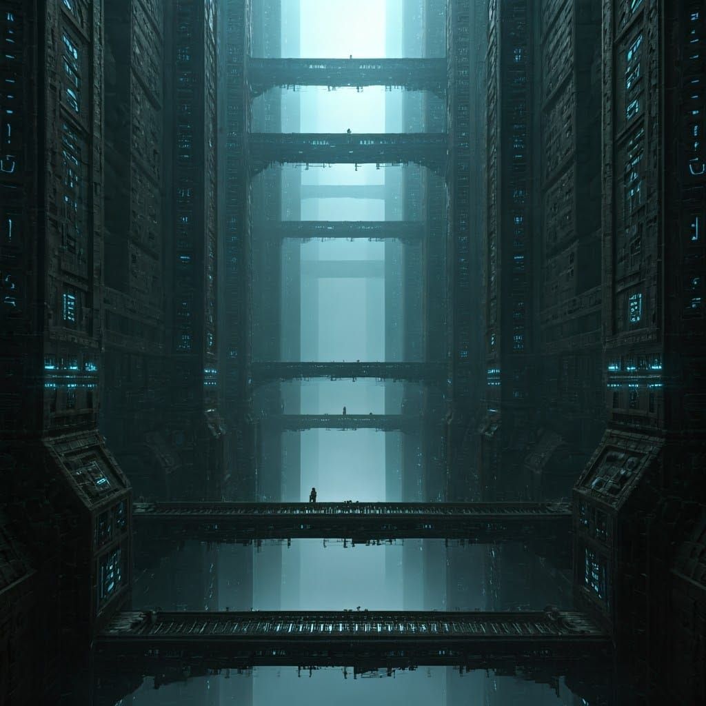 Alien Mechanical Pyramids with Glowing Hieroglyphs