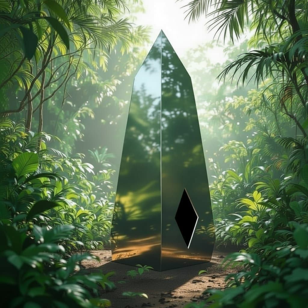 Metallic Obelisk Reflecting Jungle Sunlight