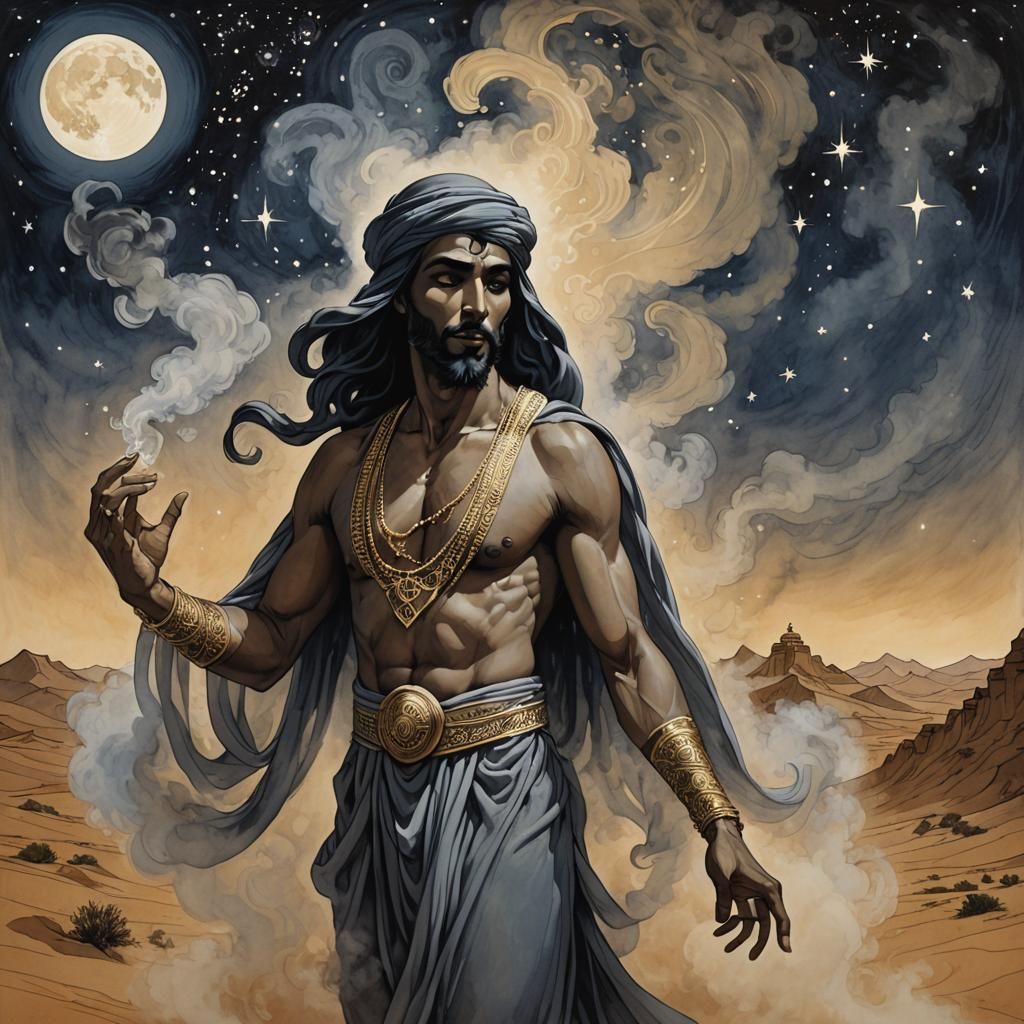 Ethereal Arabian Djinn in Sahara Night, Milo Manara Style