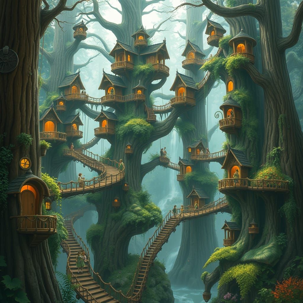 Whimsical Elven City in a Redwood Forest