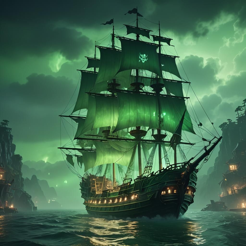 Ethereal Green Ghost Pirate Ship at Night