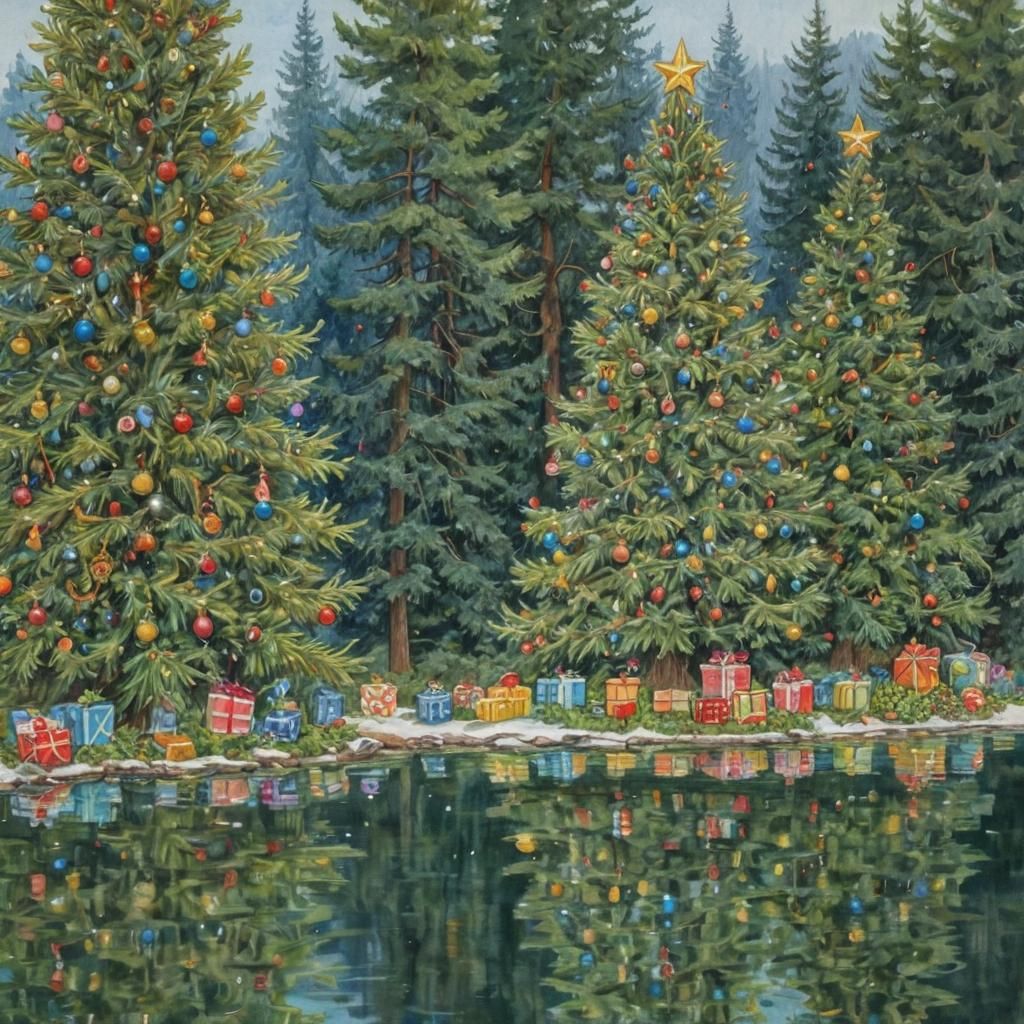 Reflections of Christmas Trees in Watercolor Style